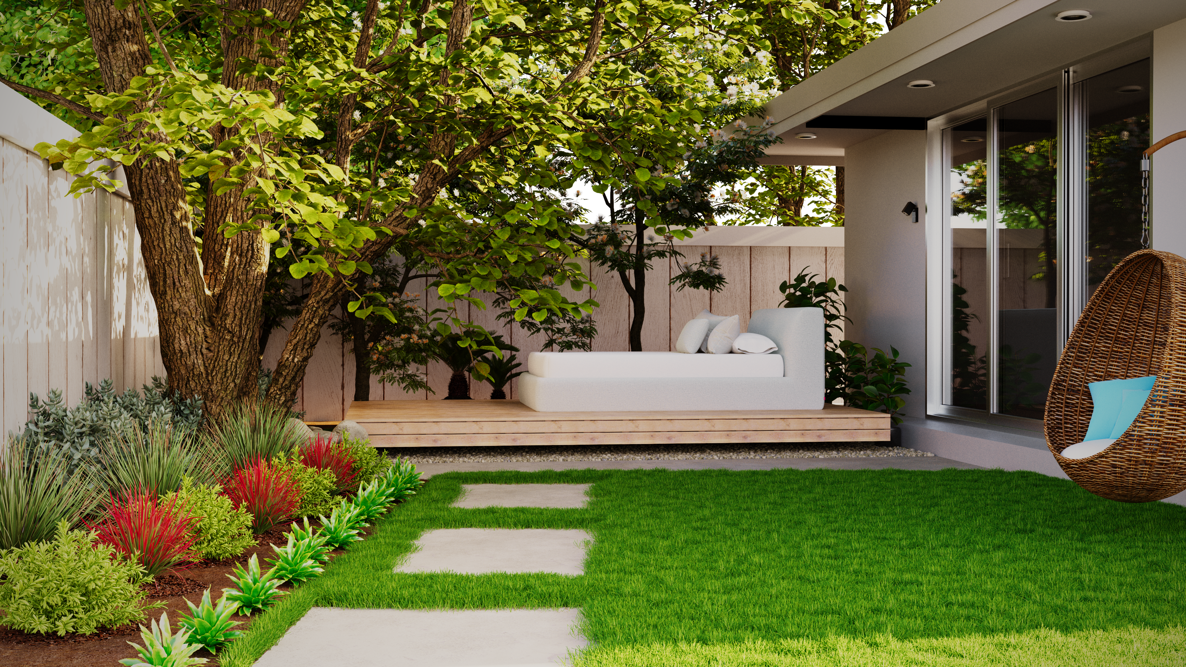 Completed garden landscaping with patio, lawn and planting